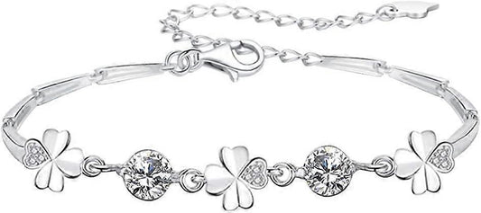 Silver Bracelet for Women,Four-Leaf Clover Bracelet Shiny Crystal Diamond Adjustable Bracelet Mother's Day V1263-JX-2225