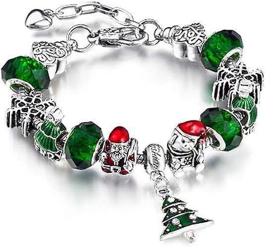 Silver Tone Charm Bracelet With Christmas Tree Bell Crystal And Murano Glass Beads Snake Chain For Women & V1263-JX-2227