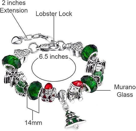 Silver Tone Charm Bracelet With Christmas Tree Bell Crystal And Murano Glass Beads Snake Chain For Women & V1263-JX-2227