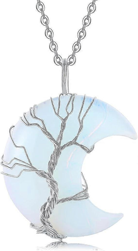 Tree of Life Wire Wrapped Crescent Moon Pendant Necklace Reiki Healing Crystal Stone Necklaces Natural V1263-JX-2231