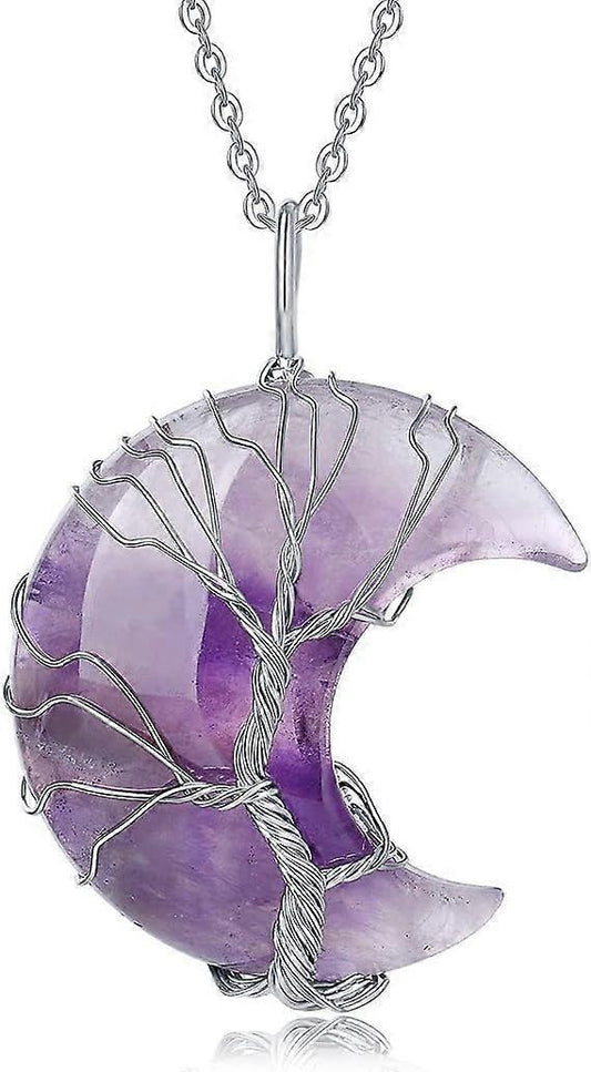Tree of Life Wire Wrapped Crescent Moon Pendant Necklace Reiki Healing Crystal Stone Necklaces Natural V1263-JX-2232