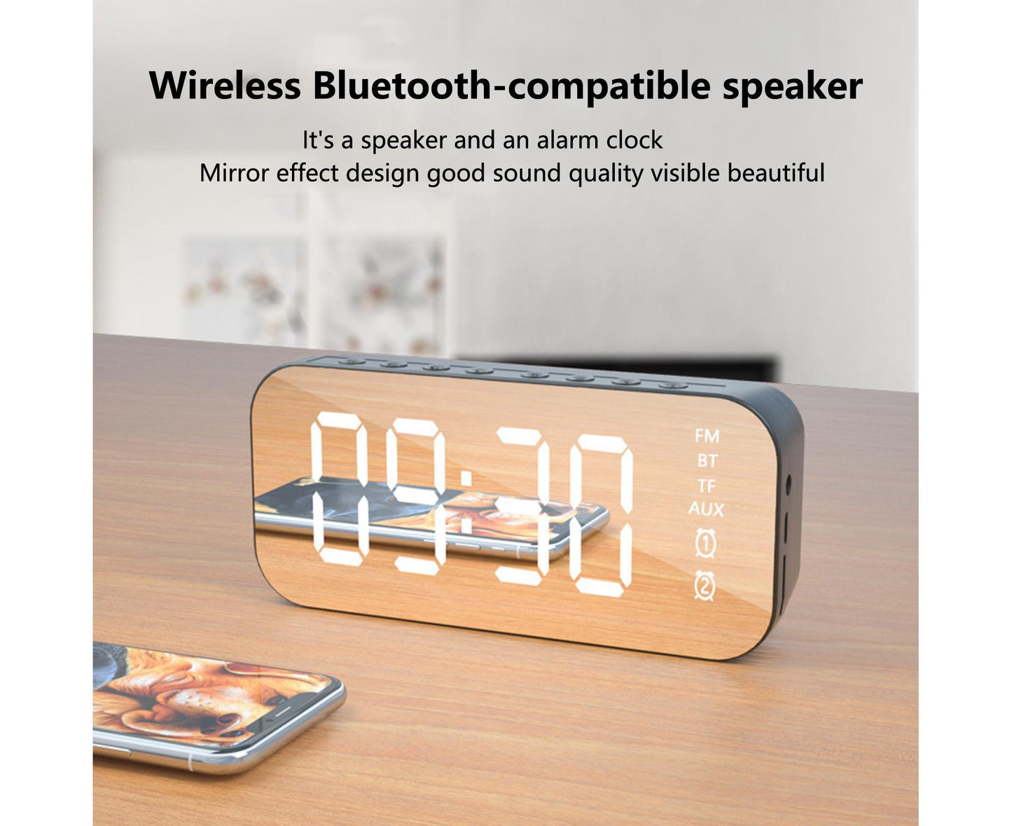4.2 Version Alarm Clock Handsfree Multifunctional ABS LED Digital Display Mirror Screen Bluetooth-compatible V1263-JX-224