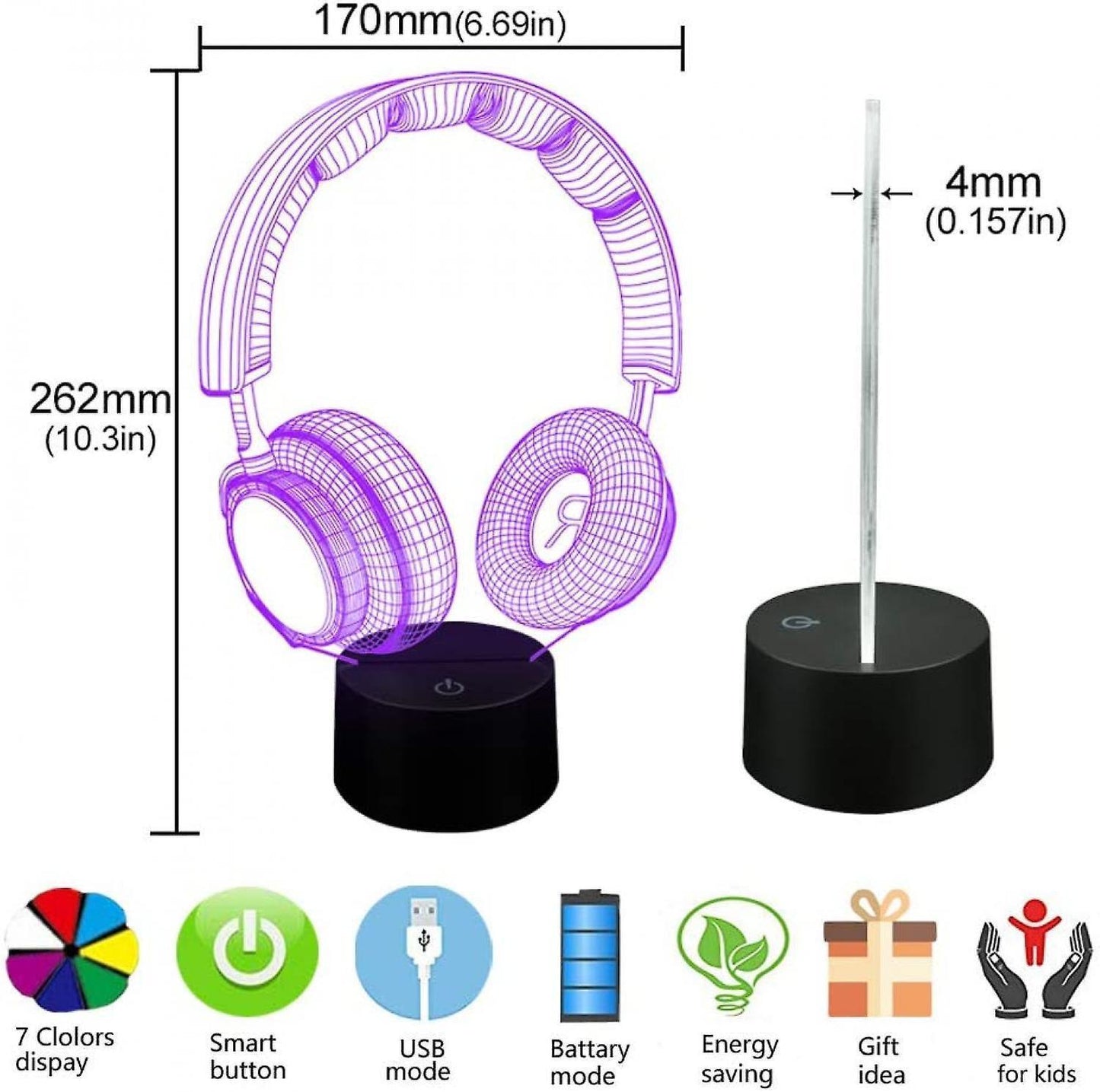 3D Illusion Headphone Headset Night Light 7 Colors V1263-JX-2247