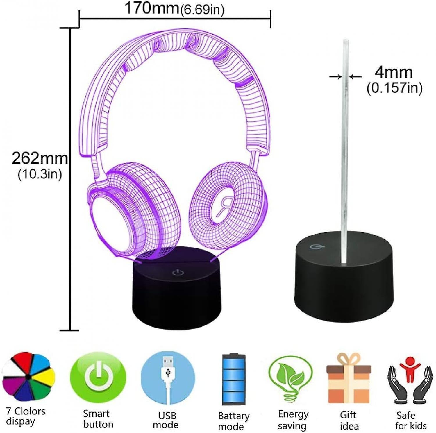 3D Illusion Headphone Headset Night Light 7 Colors V1263-JX-2247