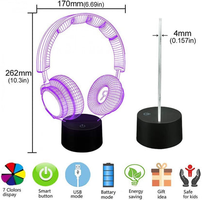 3D Illusion Headphone Headset Night Light 7 Colors V1263-JX-2247