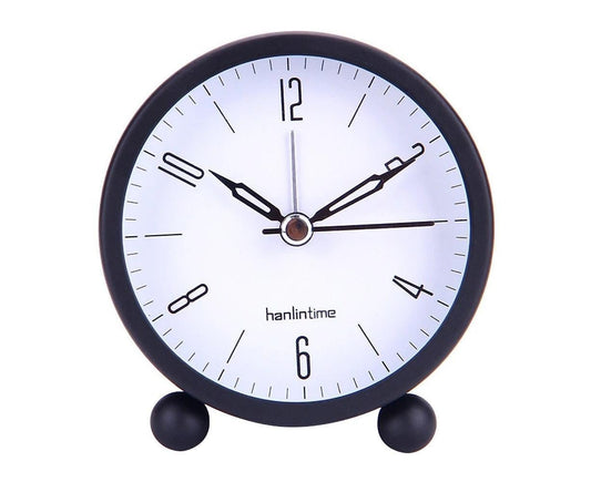 4inch Metal Round Alarm Clock Quiet Desktop Bedroom Battery Operated Timepiece - Black V1263-JX-225