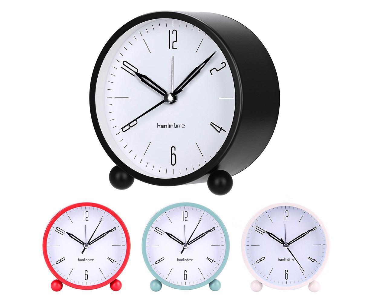 4inch Metal Round Alarm Clock Quiet Desktop Bedroom Battery Operated Timepiece - Black V1263-JX-225