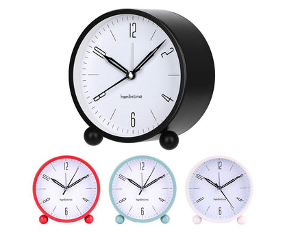 4inch Metal Round Alarm Clock Quiet Desktop Bedroom Battery Operated Timepiece - Black V1263-JX-225