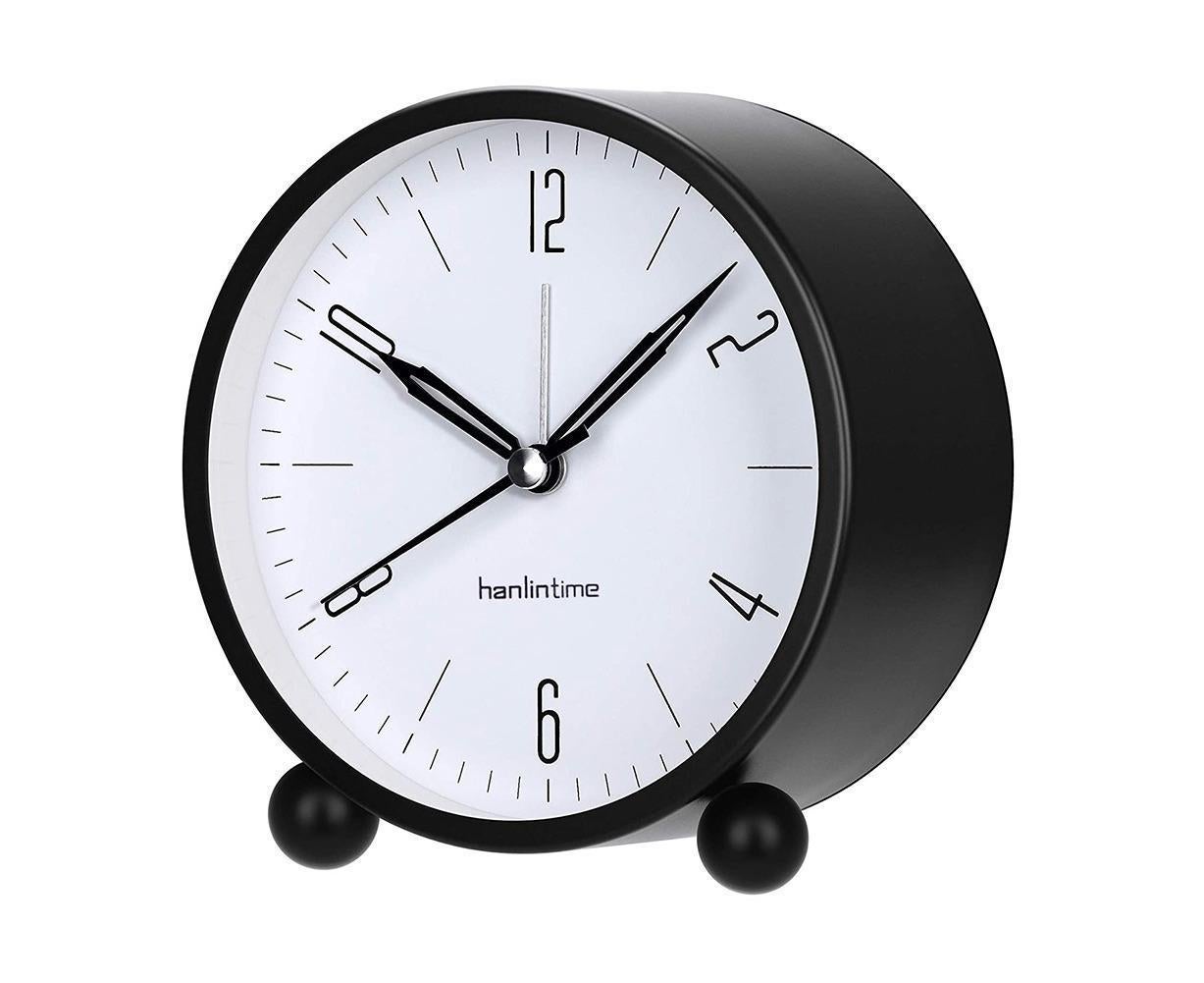 4inch Metal Round Alarm Clock Quiet Desktop Bedroom Battery Operated Timepiece - Black V1263-JX-225