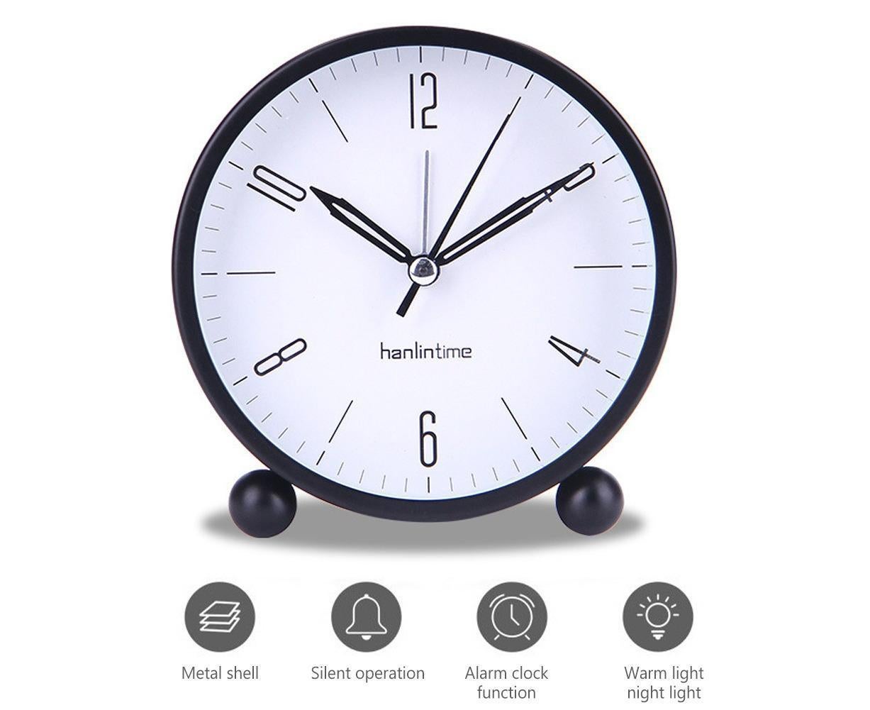 4inch Metal Round Alarm Clock Quiet Desktop Bedroom Battery Operated Timepiece - Black V1263-JX-225