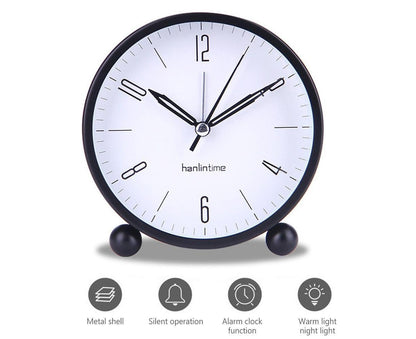 4inch Metal Round Alarm Clock Quiet Desktop Bedroom Battery Operated Timepiece - Black V1263-JX-225