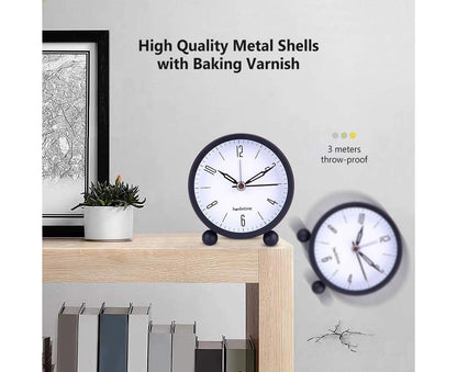 4inch Metal Round Alarm Clock Quiet Desktop Bedroom Battery Operated Timepiece - Black V1263-JX-225