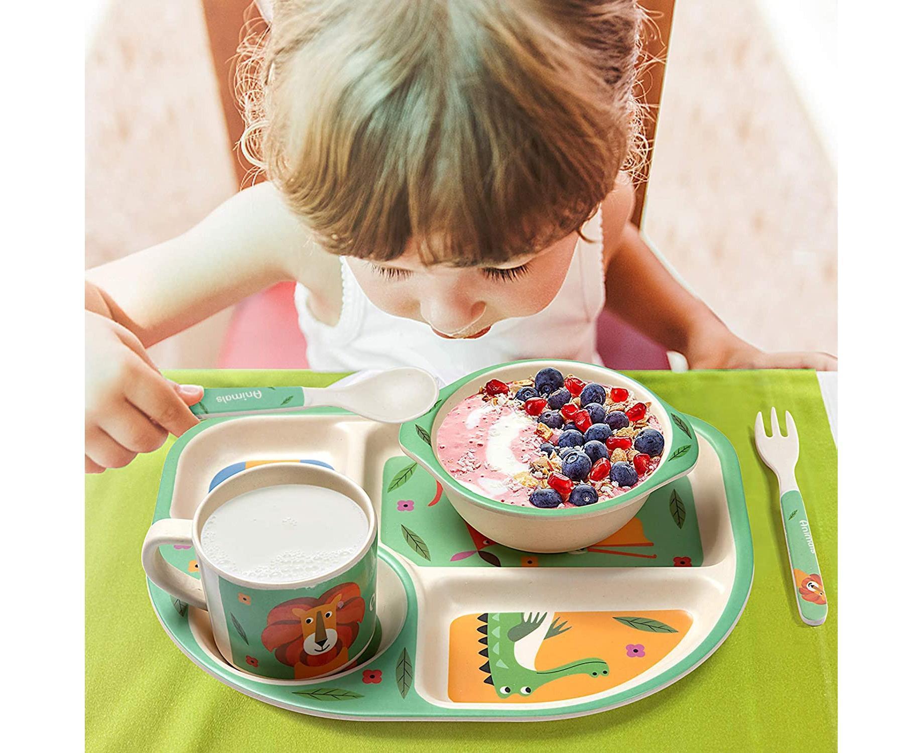 Bamboo Babies tableware set, 5-piece tableware set plate, bowl, spoon, fork, cup, recycled natural material V1263-JX-2291