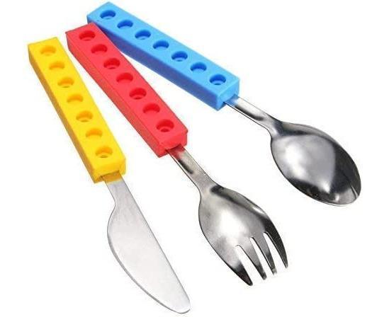 Set of 3 Interlocking Block Babies Silverware - Babies Fork and Spoon Set with Babies Knife for Babies - V1263-JX-2292
