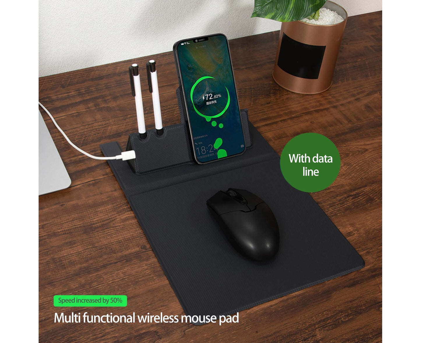 1 Set Wireless Charger Pad 15 W Delicate Texture Pen Storage Fast Induction with Mouse Pad QI Standard V1263-JX-230
