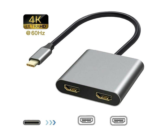 2 in1 Type C to Dual HDMI-compatible Adapter 4K Cable Cord 60HZ High Clarity Converter for Macbook - Grey V1263-JX-235