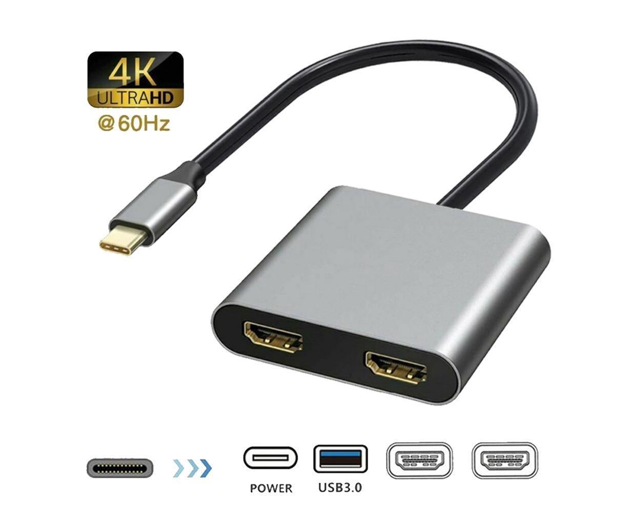4 in1 Type C to Dual HDMI-compatible USB 3.0 4K Display Adapter Converter for MacBook Pro - Grey V1263-JX-239