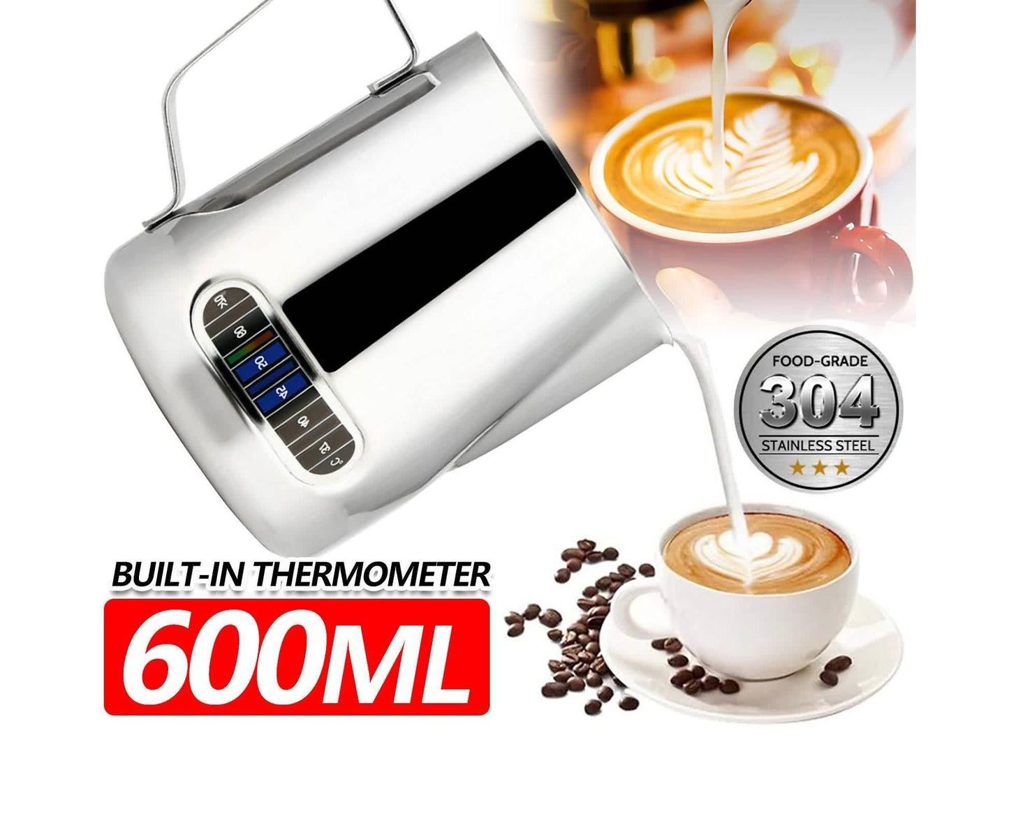 600ml Milk Frothing Thermometer Espresso Coffee Pitcher Stainless Steel Jug V1263-JX-2421
