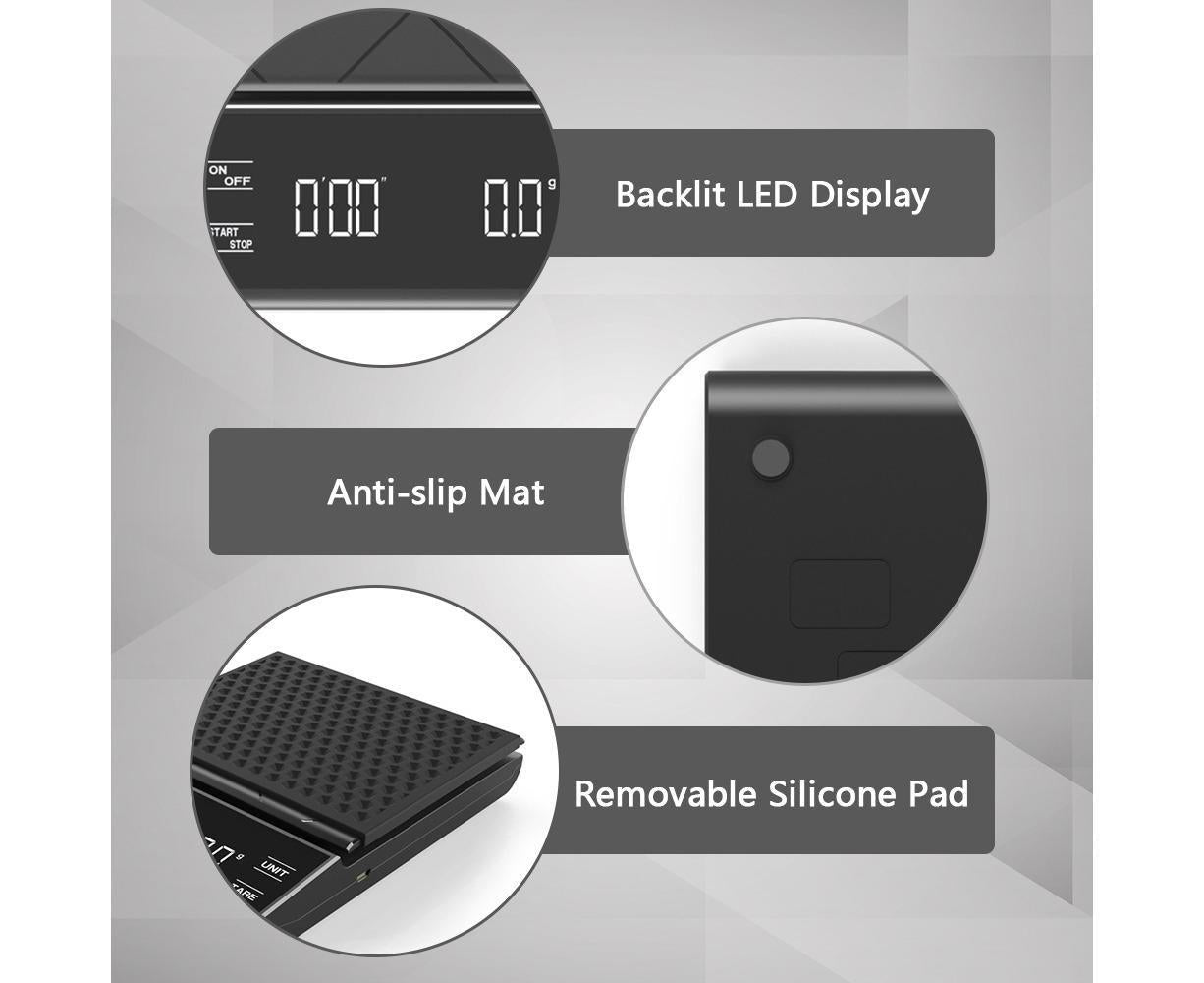 Coffee Scale with Timer Digital Kitchen Scale LED Display Tare Function 3000g/ 0.1g Portable Electronic Scale V1263-JX-2441