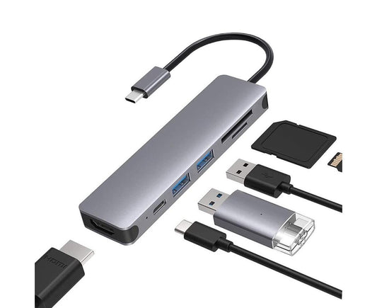 6 in 1 USB 4K HDMI-compatible Multiport Card Reader Hub for MacBook Laptop Type C Devices - Silver V1263-JX-246