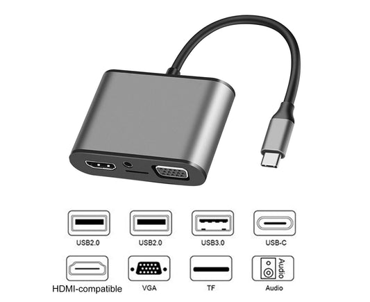 8 in 1 USB Type-C to HDMI-compatible PD TF VGA Card Reader Adapter Hub Converter Recorder - Grey V1263-JX-247