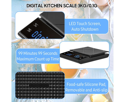 Digital LED Touch Kitchen Scale 3kg/ 0.1g High Precision Time Counting Coffee Brewing Scale Portable V1263-JX-2479