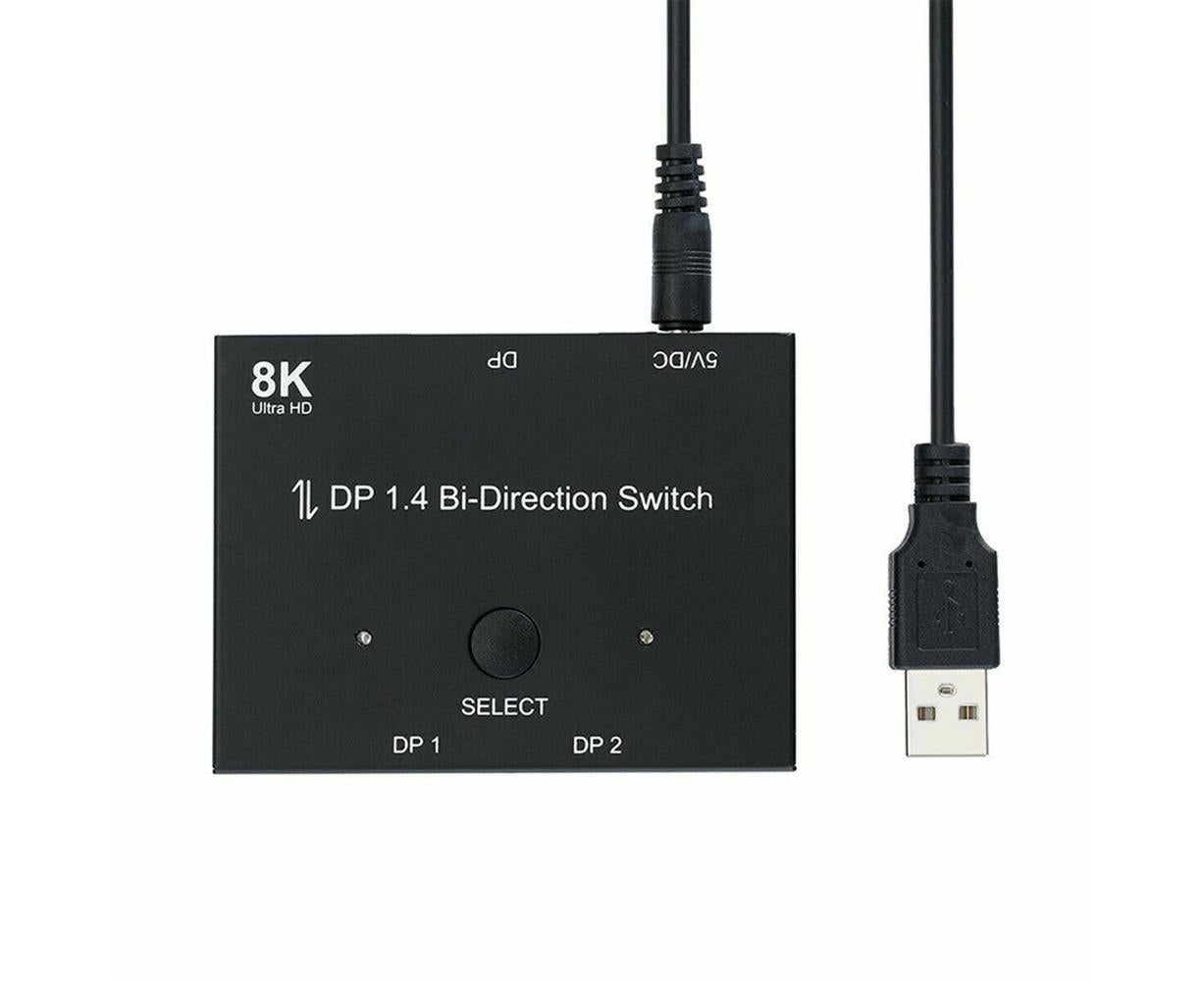 8K DP 1 In 2 Out Displayport Splitter Switch for HDTV Graphics Card Computer - Black V1263-JX-248