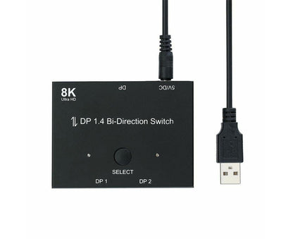 8K DP 1 In 2 Out Displayport Splitter Switch for HDTV Graphics Card Computer - Black V1263-JX-248