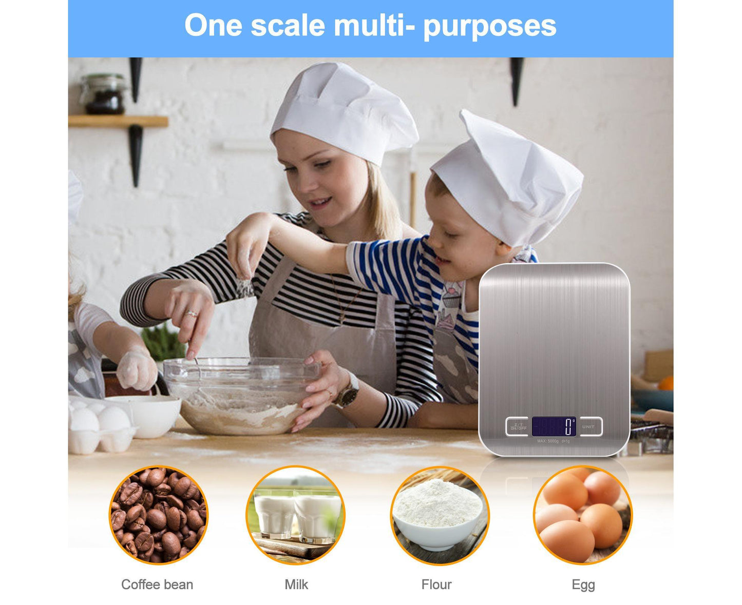 Kitchen Scale Digital Food Scale 10KG Measuring Range for Cooking Baking g lb oz ml kg Milk ml Stainless V1263-JX-2483