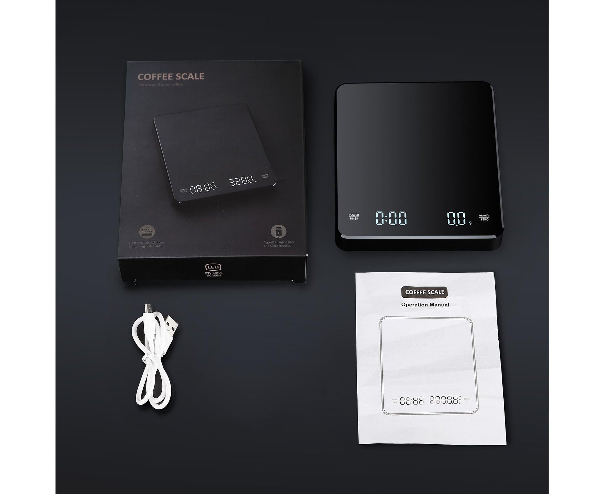 3kg/0.1g Digital Coffee Scale with Timer LED Screen Espresso Scales Rechargeable Electronic Kitchen Scale V1263-JX-2494