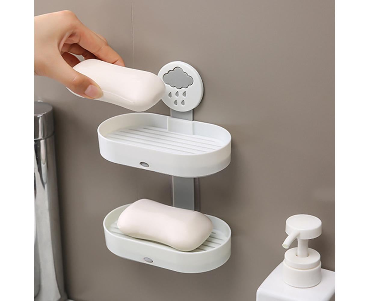 2-layer Cute Cloud Punch Free Soap Storage Box Draining Rack Bathroom Organizer-Light Blue V1263-JX-2515