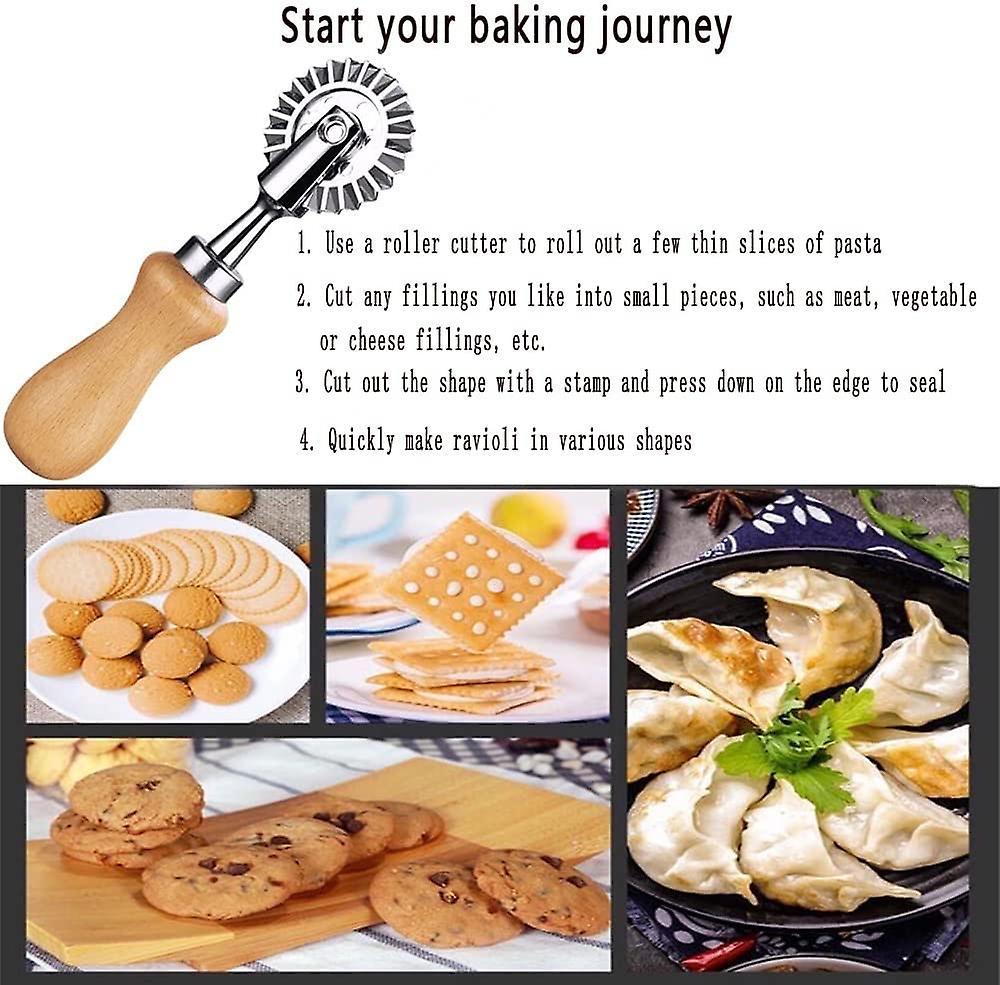 Ravioli Cutter Stamps with Roller Wheel Round Mold with Wooden Handle and Fluted Edge Pasta Press V1263-JX-2712