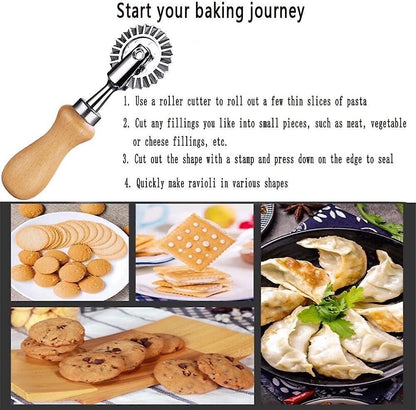 Ravioli Cutter Stamps with Roller Wheel Round Mold with Wooden Handle and Fluted Edge Pasta Press V1263-JX-2712