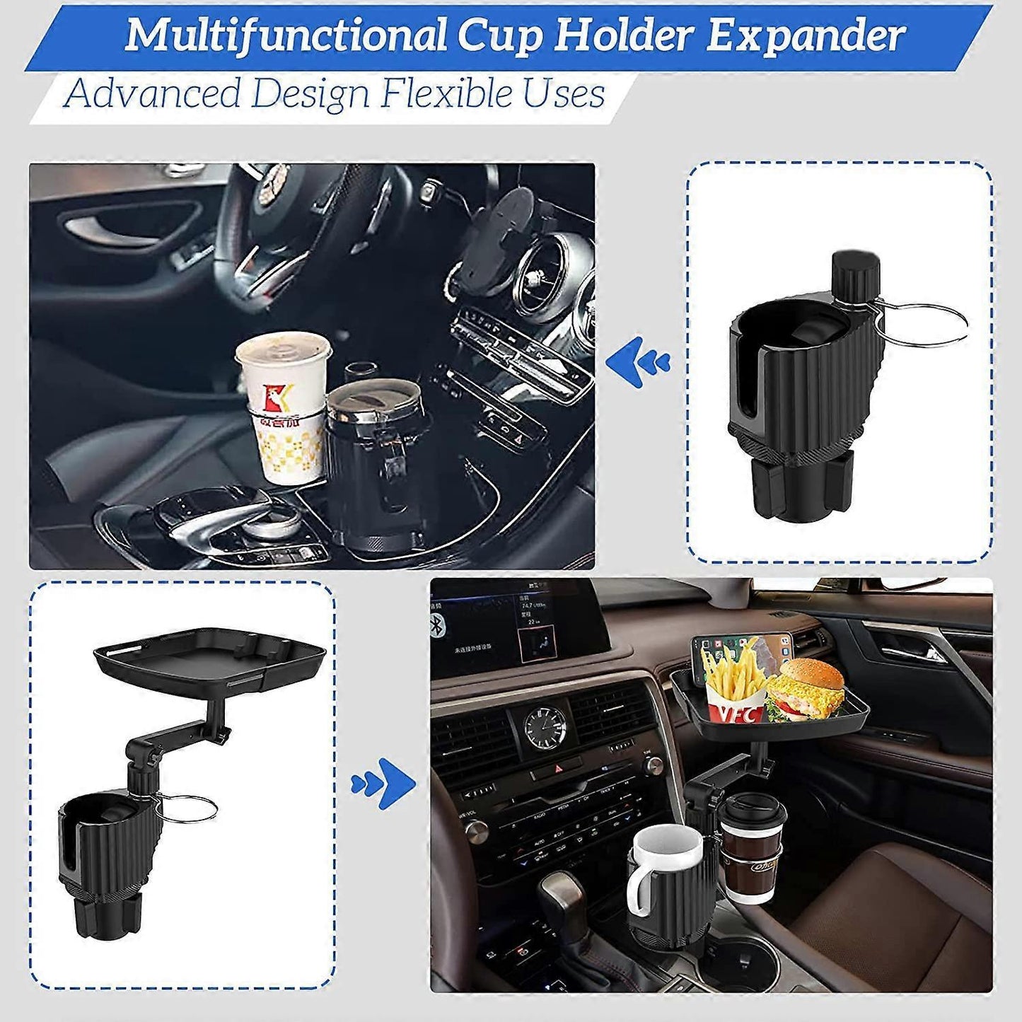 Car Cup Holder Expander with Detachable Tray, Multifunctional Car Tray Table V1263-JX-2875