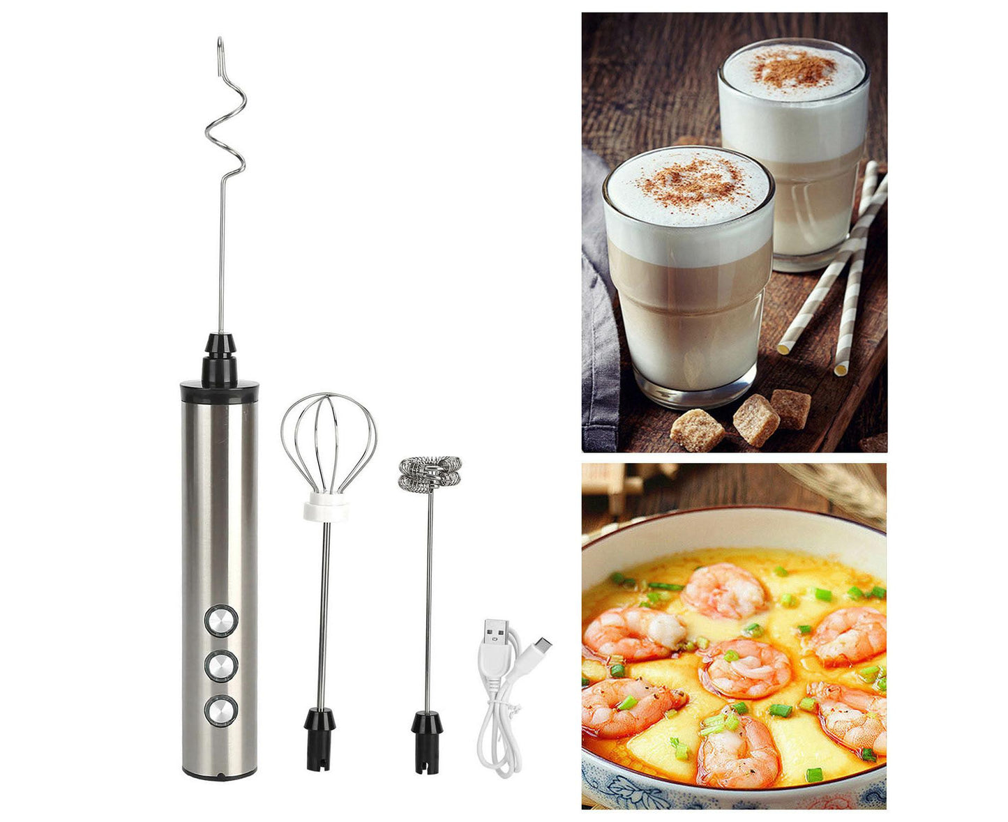 Stainless Steel Milk Frother, USB Charging, Handheld Electric Egg Beater for Home Kitchen V1263-JX-2936