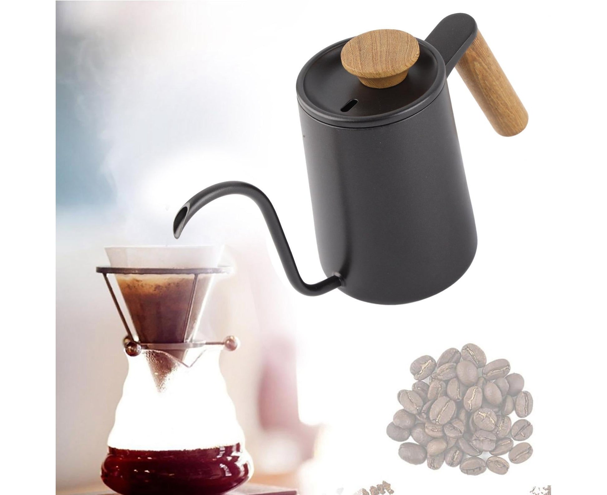 600ml Stainless Steel Drip Coffee Pot, Long Gooseneck Spout Kettle, Black V1263-JX-3005