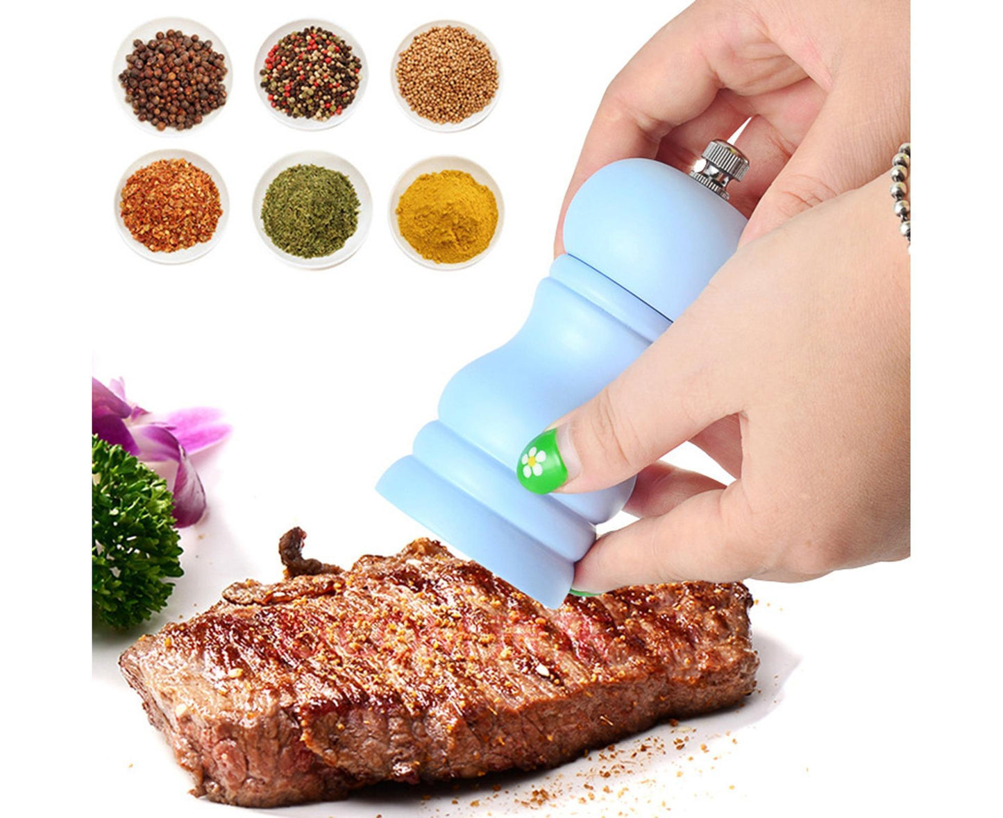 Pepper Grinder Food Grade Rust-proof Wood Handheld Pepper Salt Condiment Grinder for Home-Blue V1263-JX-305