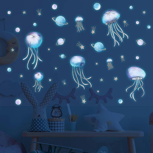 Yomaido Glow In The Dark Stickers, 4 Pcs Wall Stickers For babies Room, Luminous Jellyfish And Stars V1263-JX-3131