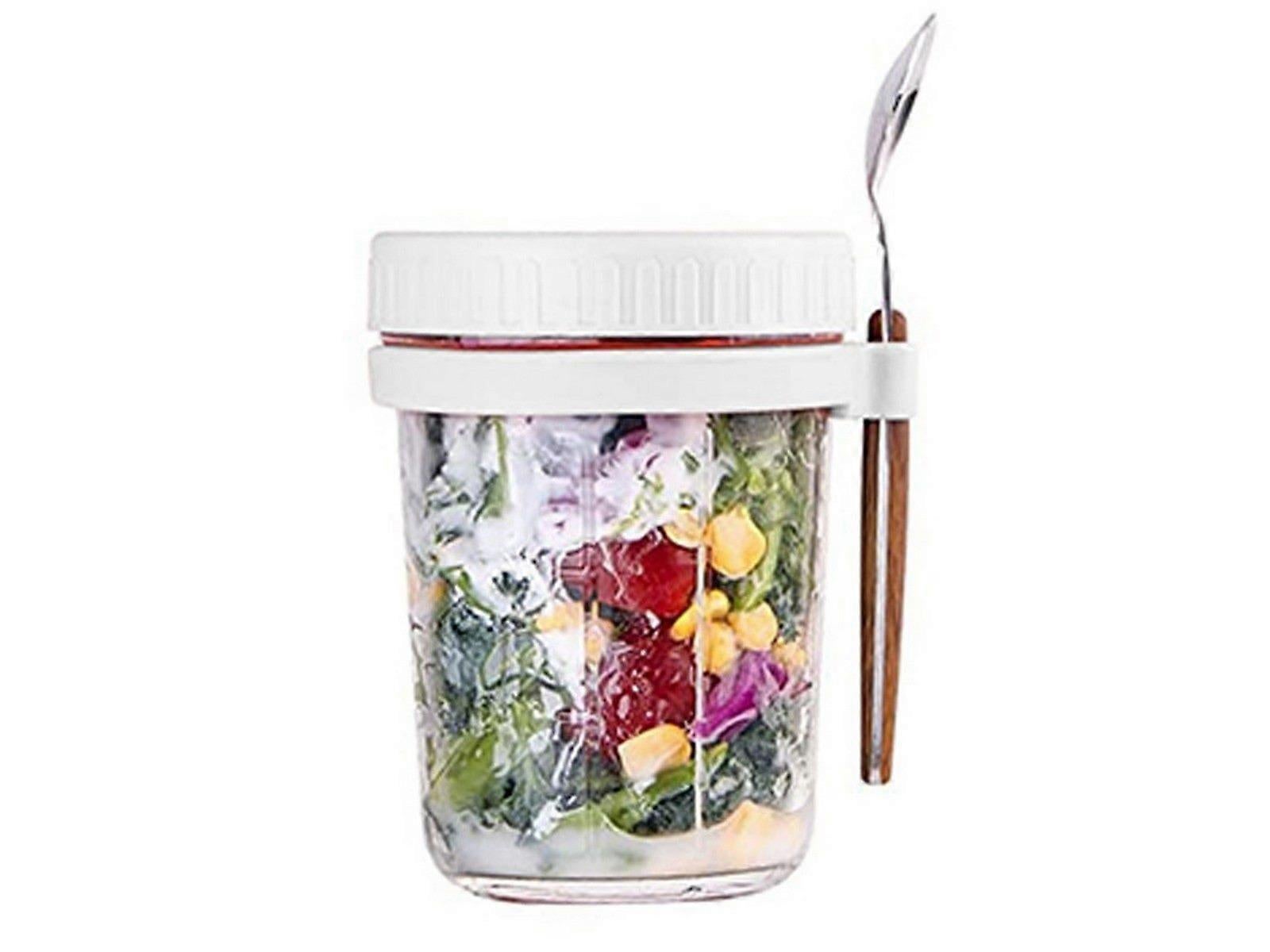 1pc 350ml Glass Oats Container with Lid & Spoon Salad Jar Cup White V1263-JX-316