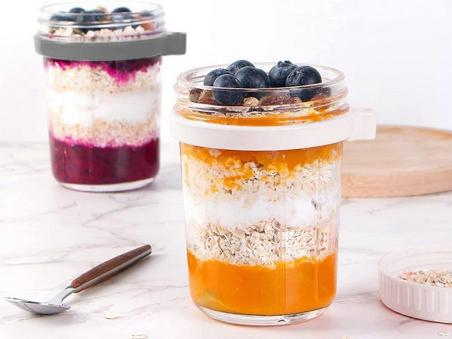 1pc 350ml Glass Oats Container with Lid & Spoon Salad Jar Cup White V1263-JX-316