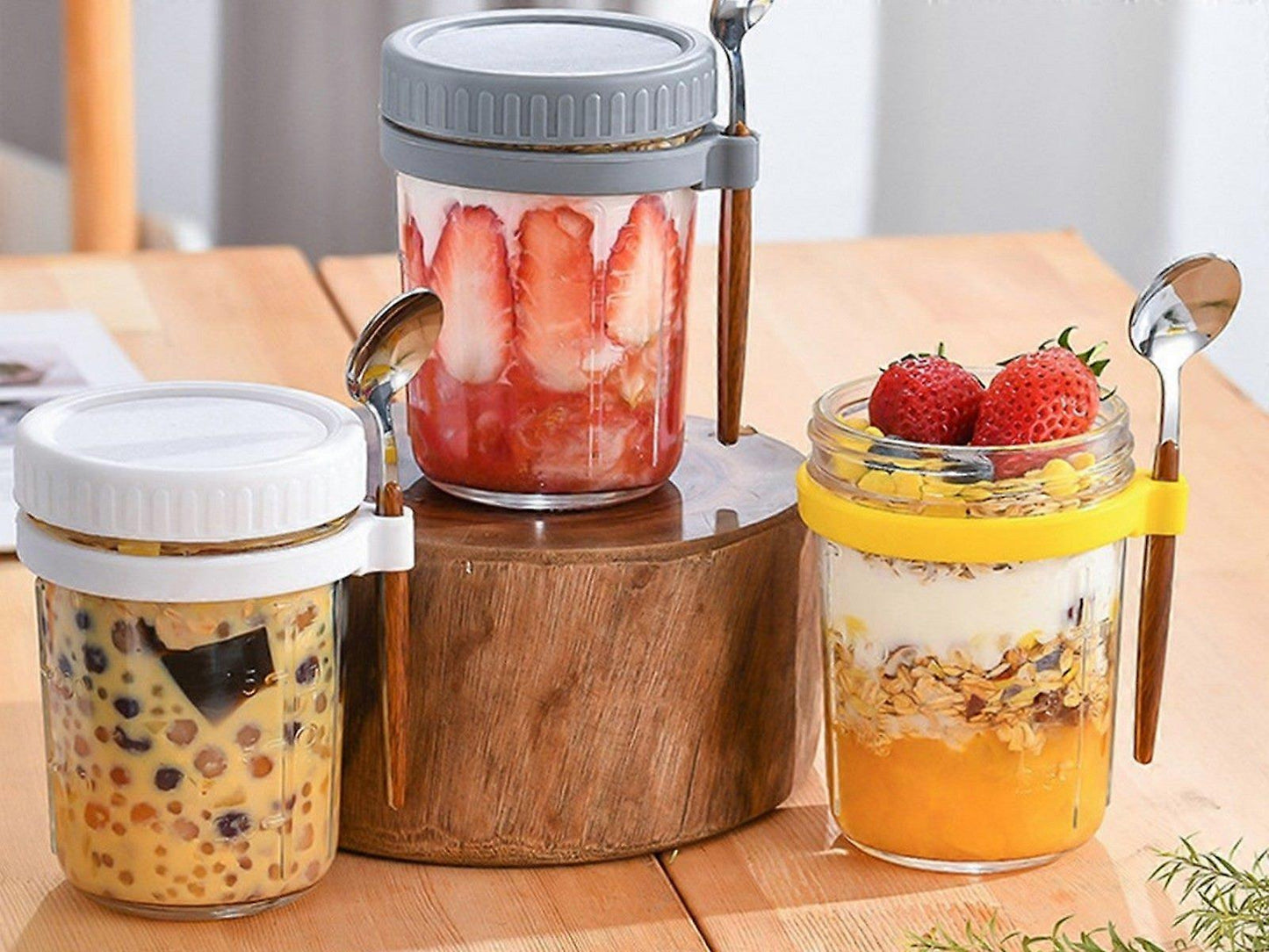 1pc 350ml Glass Oats Container with Lid & Spoon Salad Jar Cup White V1263-JX-316