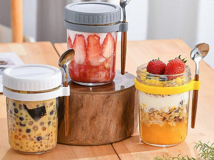 1pc 350ml Glass Oats Container with Lid & Spoon Salad Jar Cup White V1263-JX-316