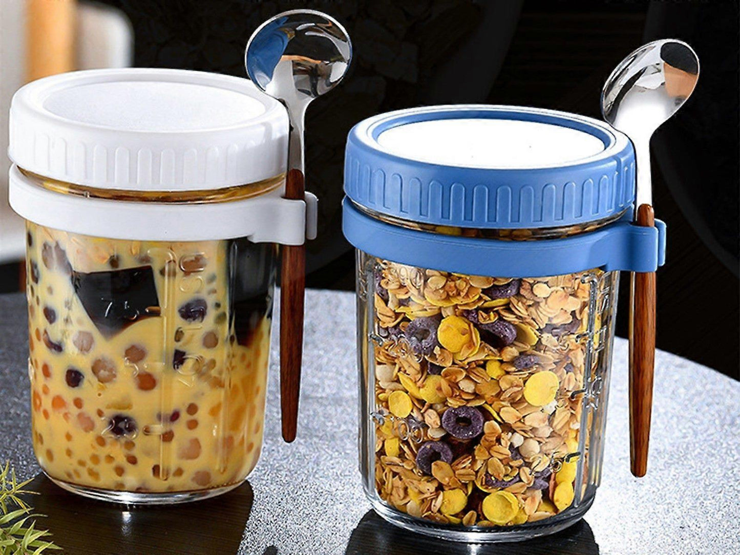 1pc 350ml Glass Oats Container with Lid & Spoon Salad Jar Cup Blue V1263-JX-317