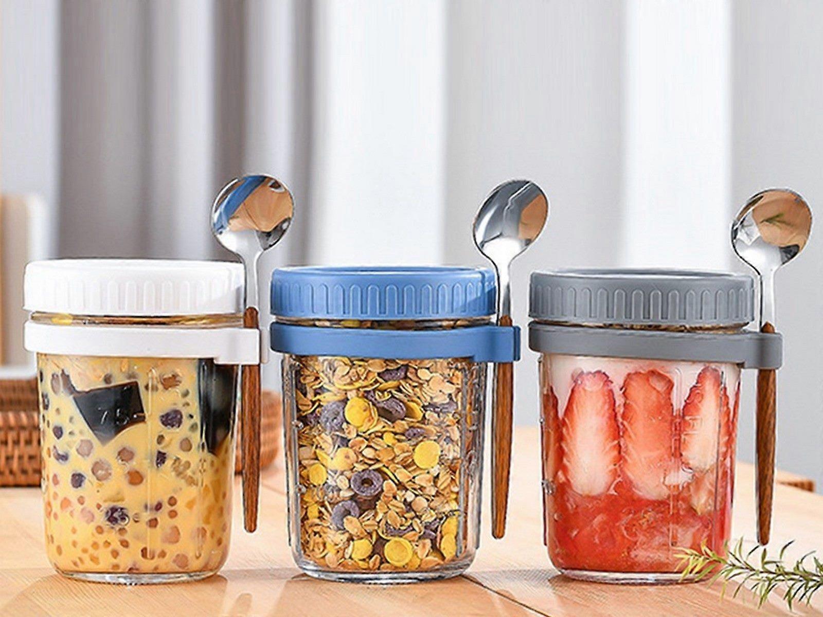 1pc 350ml Glass Oats Container with Lid & Spoon Salad Jar Cup Blue V1263-JX-317