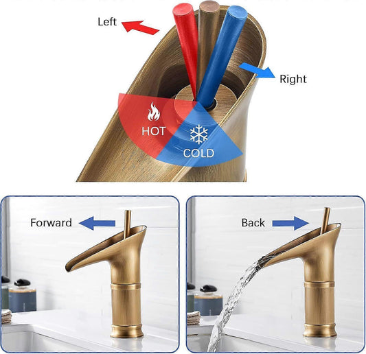 1Pcs Retro Brass Waterfall Bathroom Faucet, Waterfall Basin Faucet, Antique Bathroom Mixer Tap, Hot and Cold V1263-JX-3180