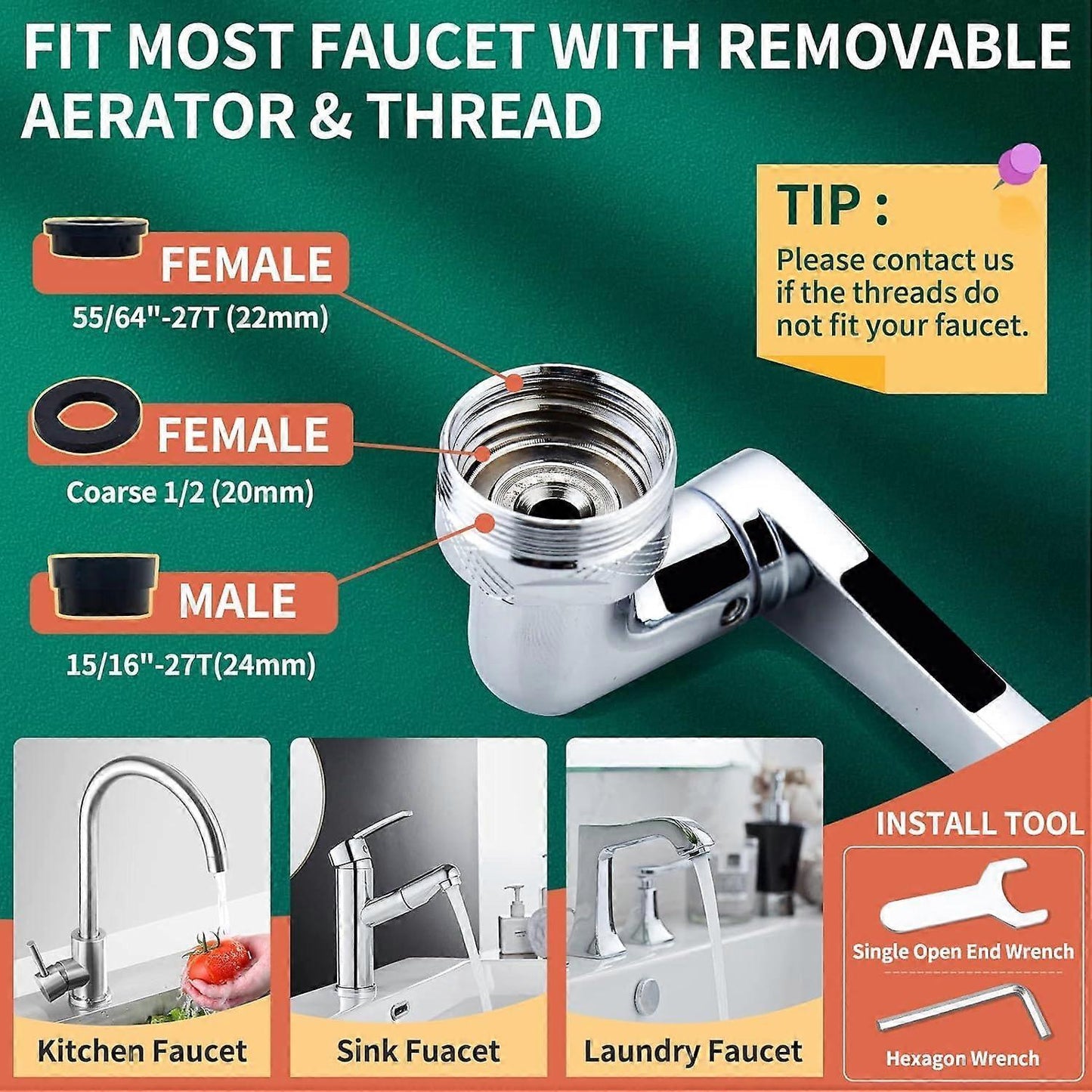 Swivel Faucet-Extender Sink-Aerator - 2 Mode Splash Water Filter Extension, Kitchen Bathroom 360 Rotatable V1263-JX-3183
