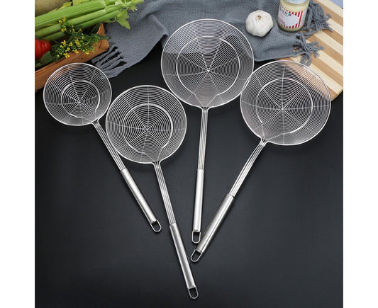 Long Handle Round Stainless Steel Colander Oil Filter Fried Food Grid Strainer-Silver 20 V1263-JX-326