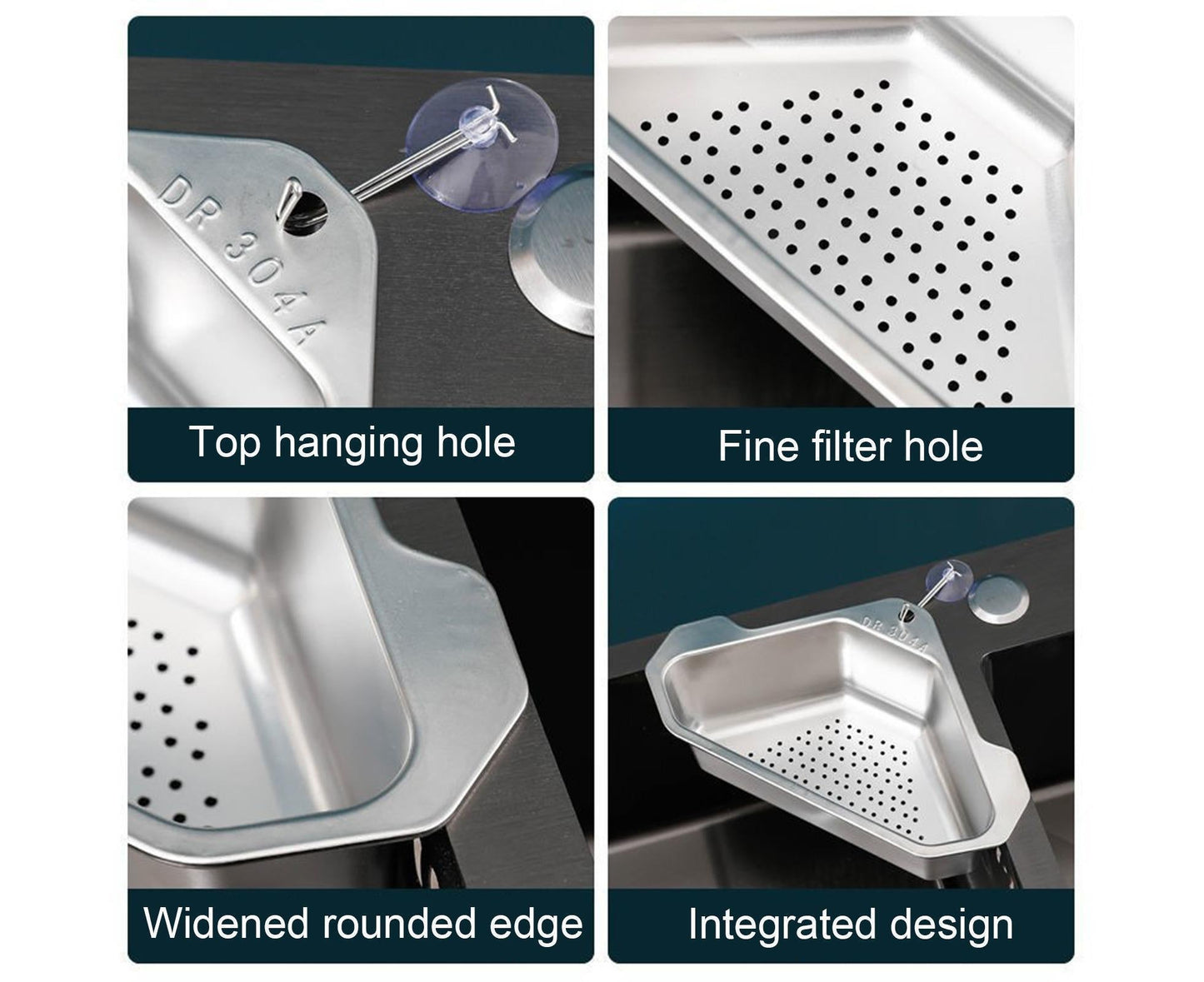 Drain Basket with Hook Triangular Stainless Steel Rinsing Strainer-Stainless Steel V1263-JX-330