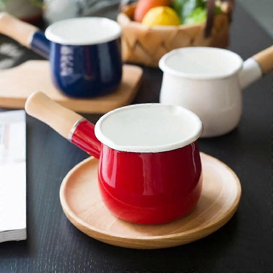 Non-Stick Enamel Milk Pan with Wooden Handle - Red V1263-JX-3399