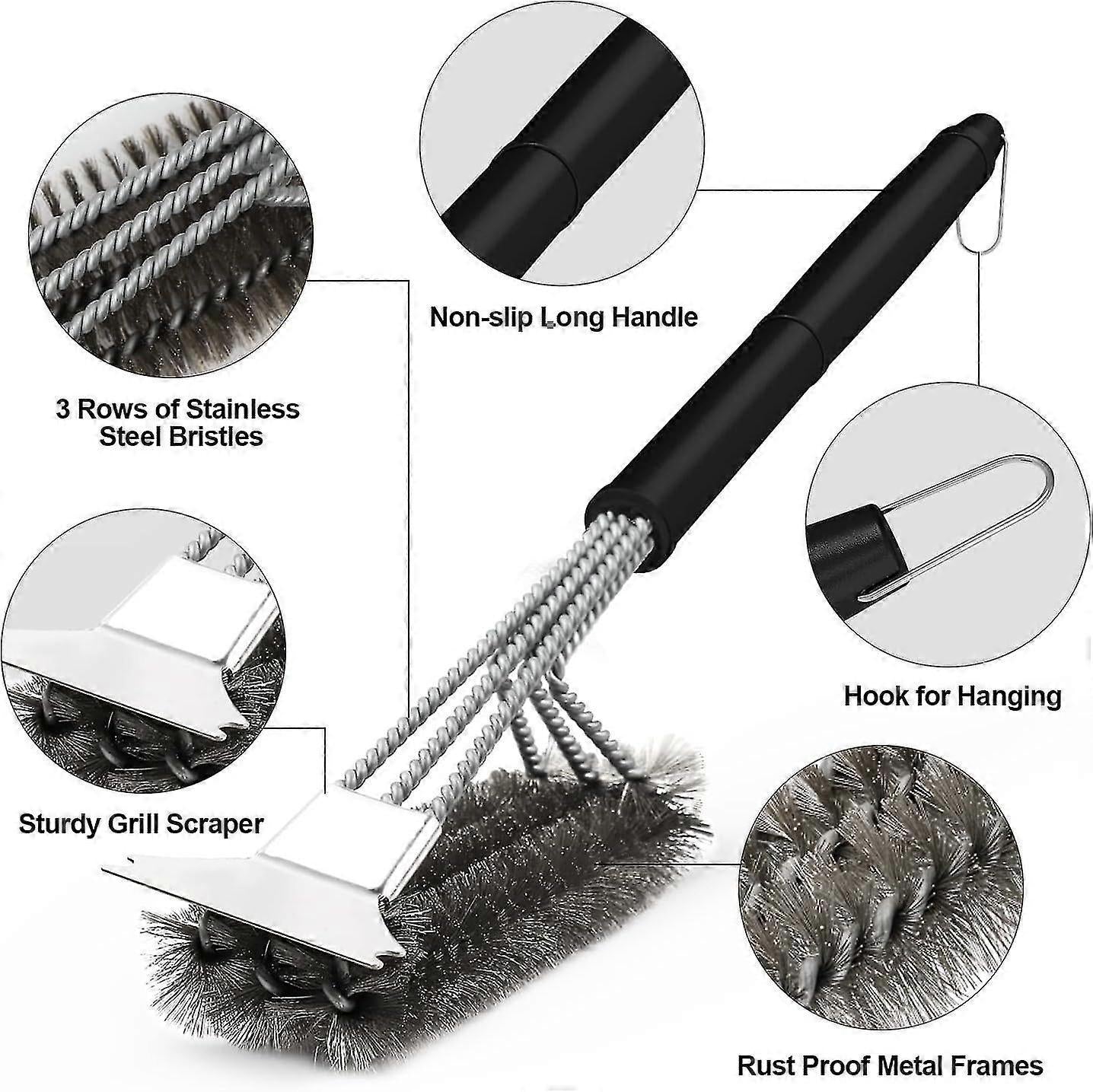 3-In-1 BBQ Grill Brush with Stainless Steel Bristles & Scraper - 45cm V1263-JX-3412